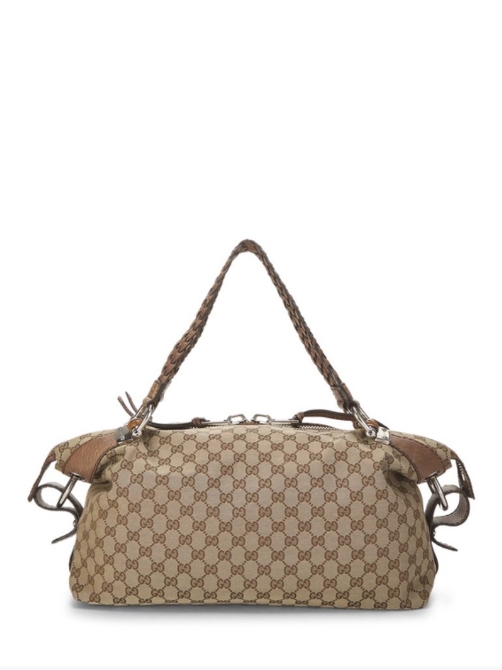 Vintage Gucci Bamboo Brown Beige GG Canvas Braided Handle Shoulder Bag